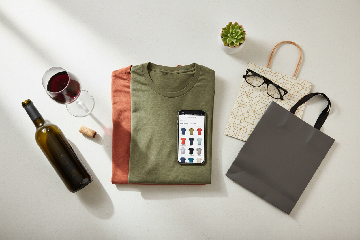 create a gender neutral image of a glass of wine with a bottle of wine and a couple of t-shirts with a couple of gift bags. Give the idea that the image is meant to portray someone who is drinking wine while shopping for t-shirts on their phone